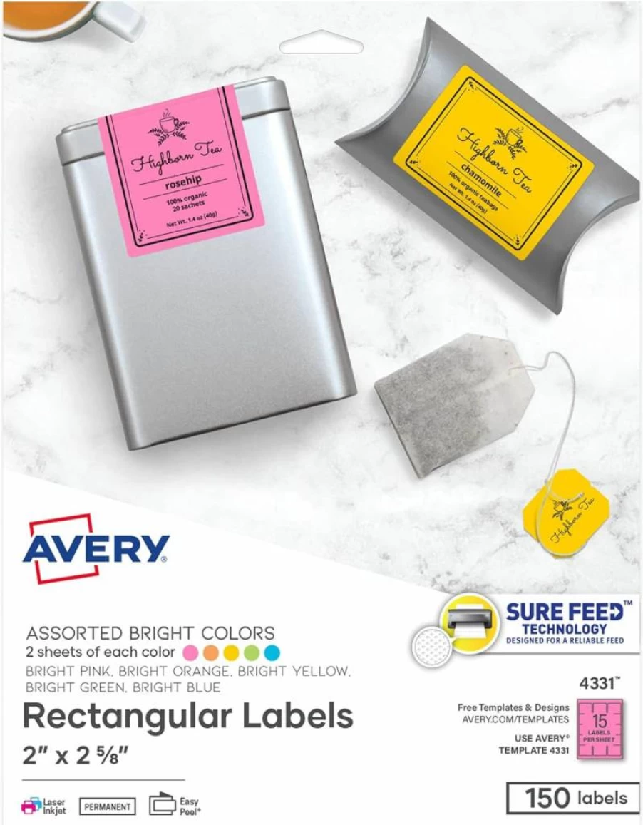 AVERY 4331 Sure Feed Labels, 2" x 2-5/8" Assorted Bright Colors, 150 Sheets for Laser/Inkjet Printers