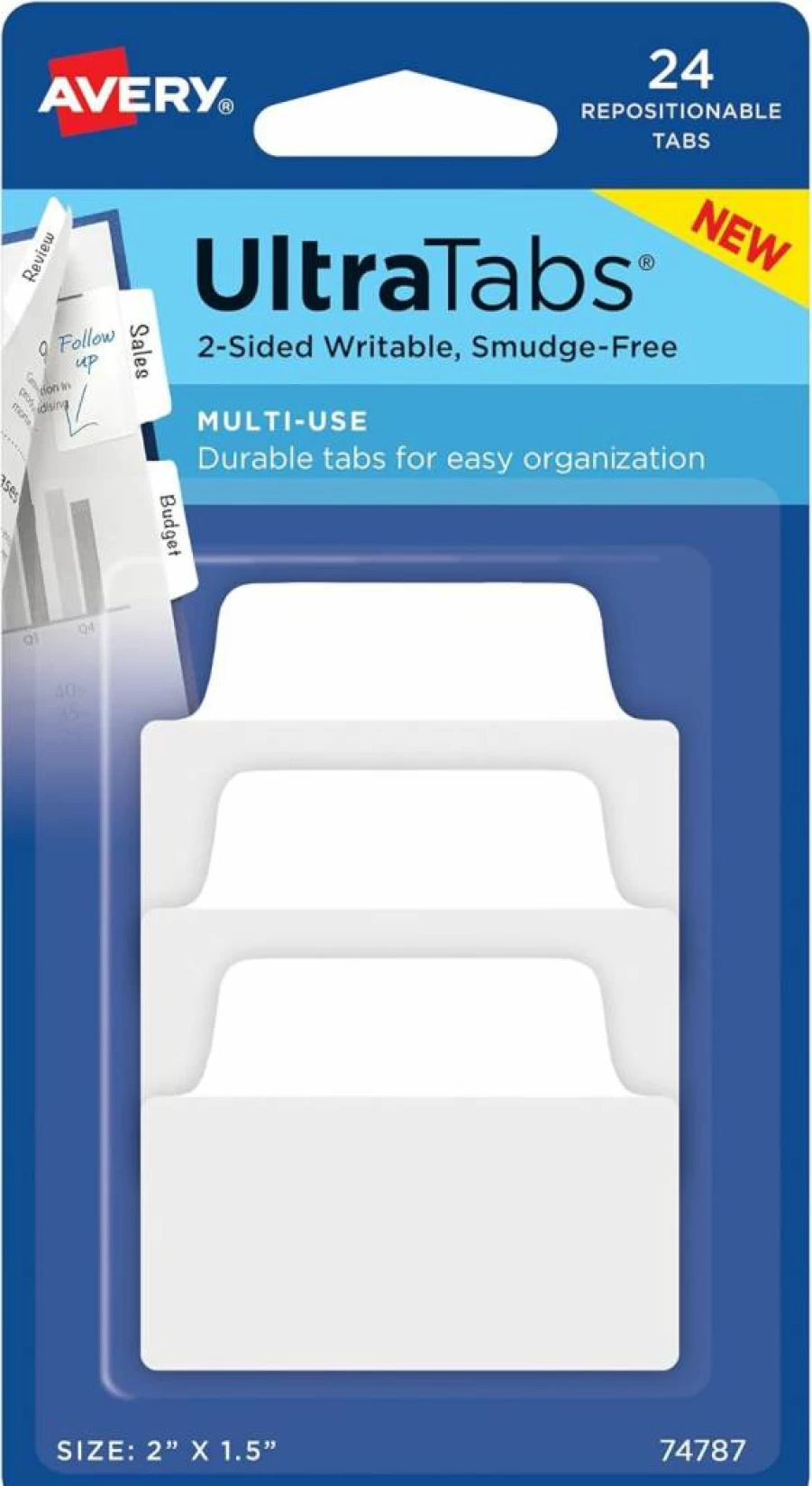 AVERY Repositionable Ultra Tabs, 2" x 1.5", 2-Sided Writable White Labels, 24-Pack (74787) for Multiuse Organizing