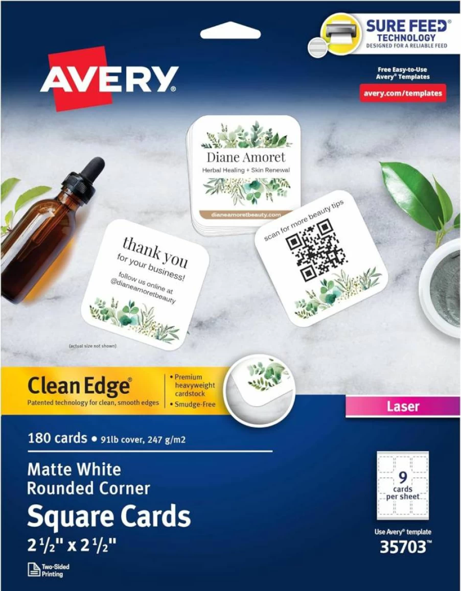 Avery 5871 Sure Feed Printable Business Cards, 2" x 3.5", White, 200 Blank Laser Printer Compatible Cards, Clean Edge Design