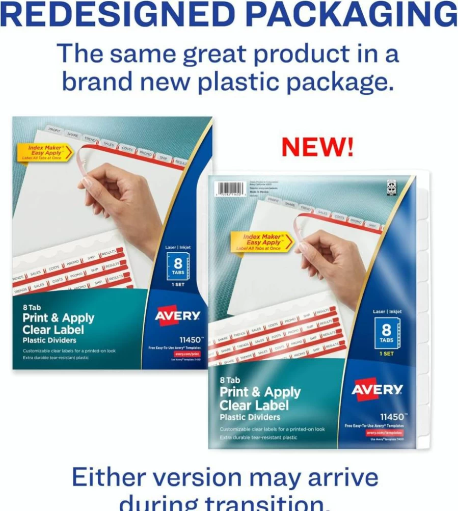 Avery 8-Tab Customizable Plastic Dividers for 3-Ring Binder with Clear Frosted White Tabs and Easy Print Labels - 5 Sets (12450)