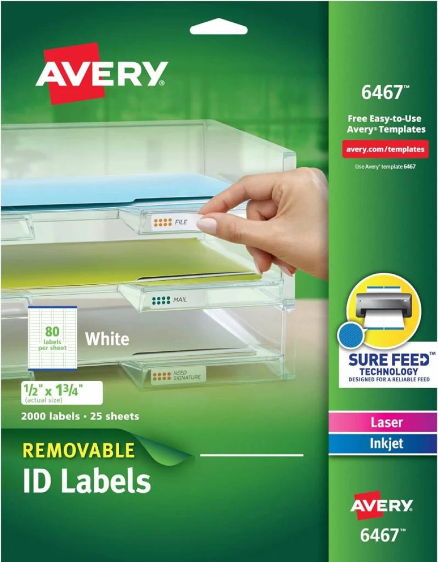 Avery 6467 Removable ID Labels, 0.5" x 1.75", Sure Feed Technology, 2000 Adhesive Labels for Easy Removal