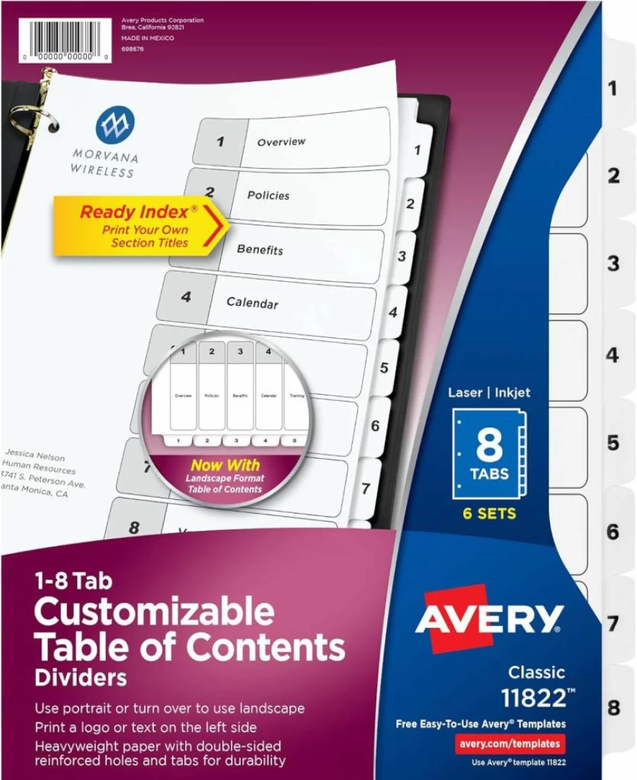 AVERY 8-Tab Dividers for 3-Ring Binders, 6 Sets with Customizable White Tabs, Organizer Inserts for Office & School (11822)