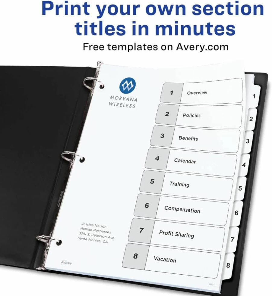 AVERY 8-Tab Dividers for 3-Ring Binders, 6 Sets with Customizable White Tabs, Organizer Inserts for Office & School (11822)