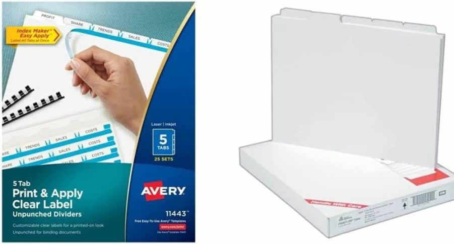 AVERY 5-Tab Index Dividers with Clear Label Strips, Unpunched for Any Binder, Customizable White Tabs, 25 Sets (11443)