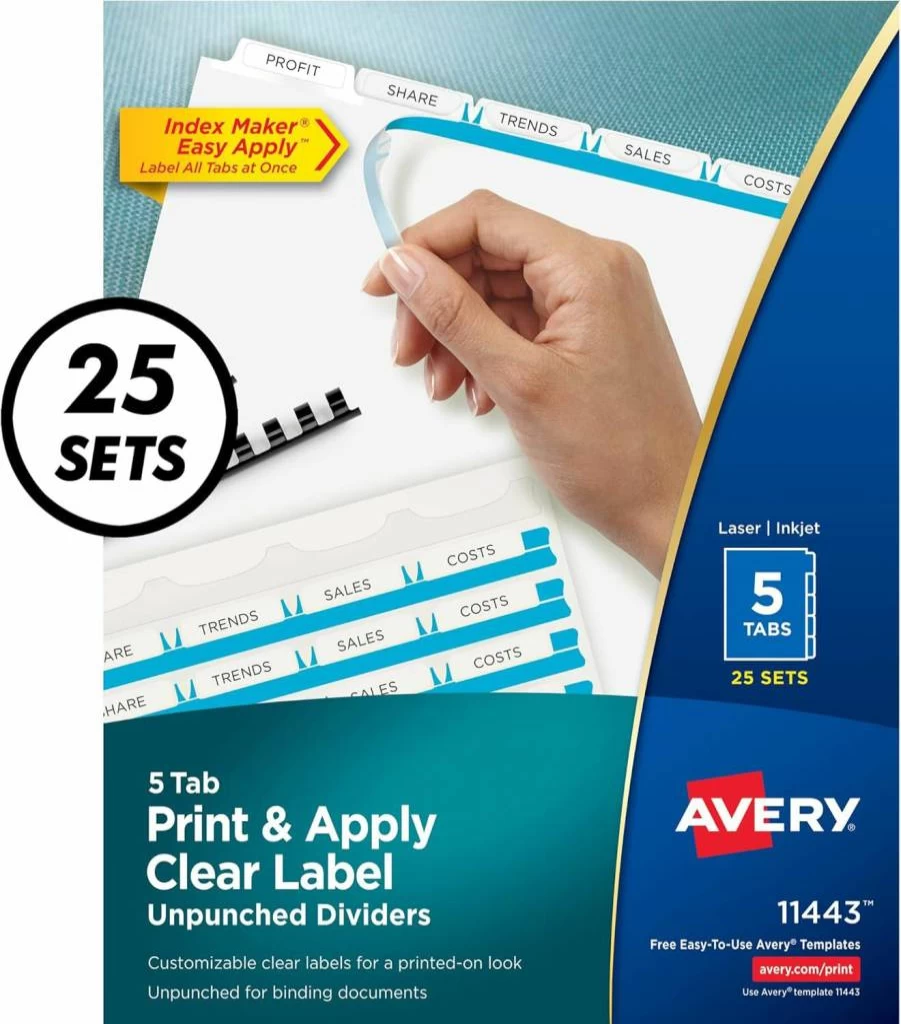 AVERY 5-Tab Index Dividers with Clear Label Strips, Unpunched for Any Binder, Customizable White Tabs, 25 Sets (11443)