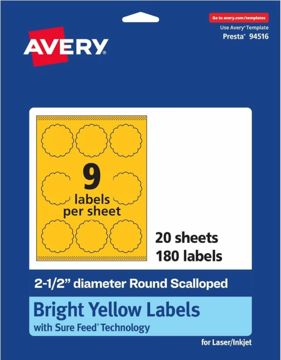 Avery 2-1/2" Round Bright Yellow Printable Labels with Sure Feed Technology, Scalloped Edge for Laser/Inkjet Printing, 90-Pack for Mailing Seals, Candles & Crafts