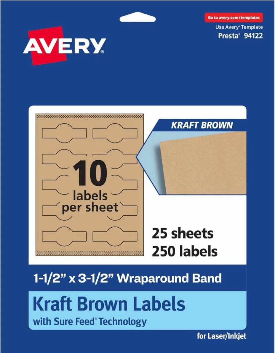 AVERY Kraft Brown Wraparound Cigar Band Labels, 1.5" x 3.5", 150 Count, Sure Feed Technology, Laser/Inkjet Printable, Print-To-The-Edge