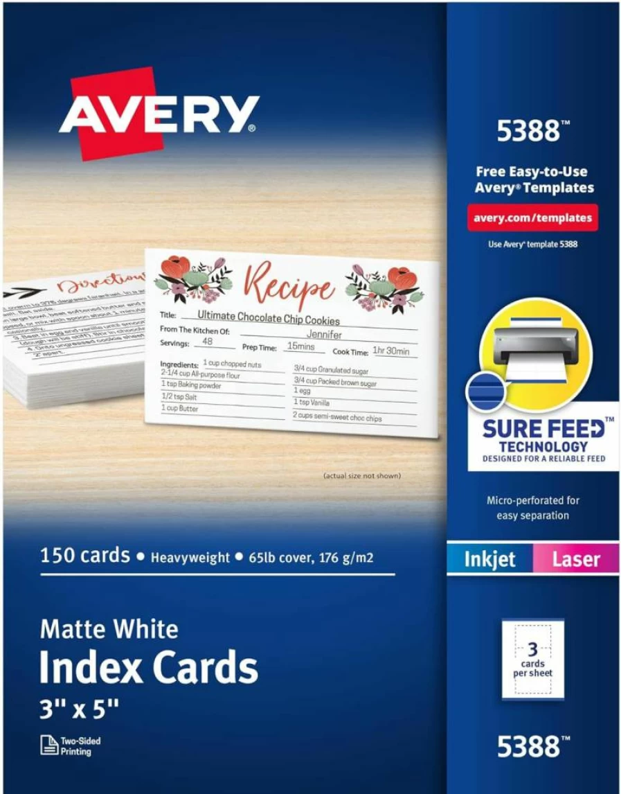 Avery 05388 Printable 3" x 5" White Index Cards, 150-Pack with Sure Feed Technology for Laser & Inkjet Printers