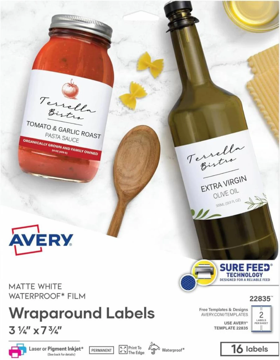 AVERY 22835 Matte White Waterproof Rectangle Labels, 3.25" x 7.75", 16-Pack, Laser/Pigment Inkjet Compatible, Sure Feed Technology, Durable Wraparound Labels for Custom Printing