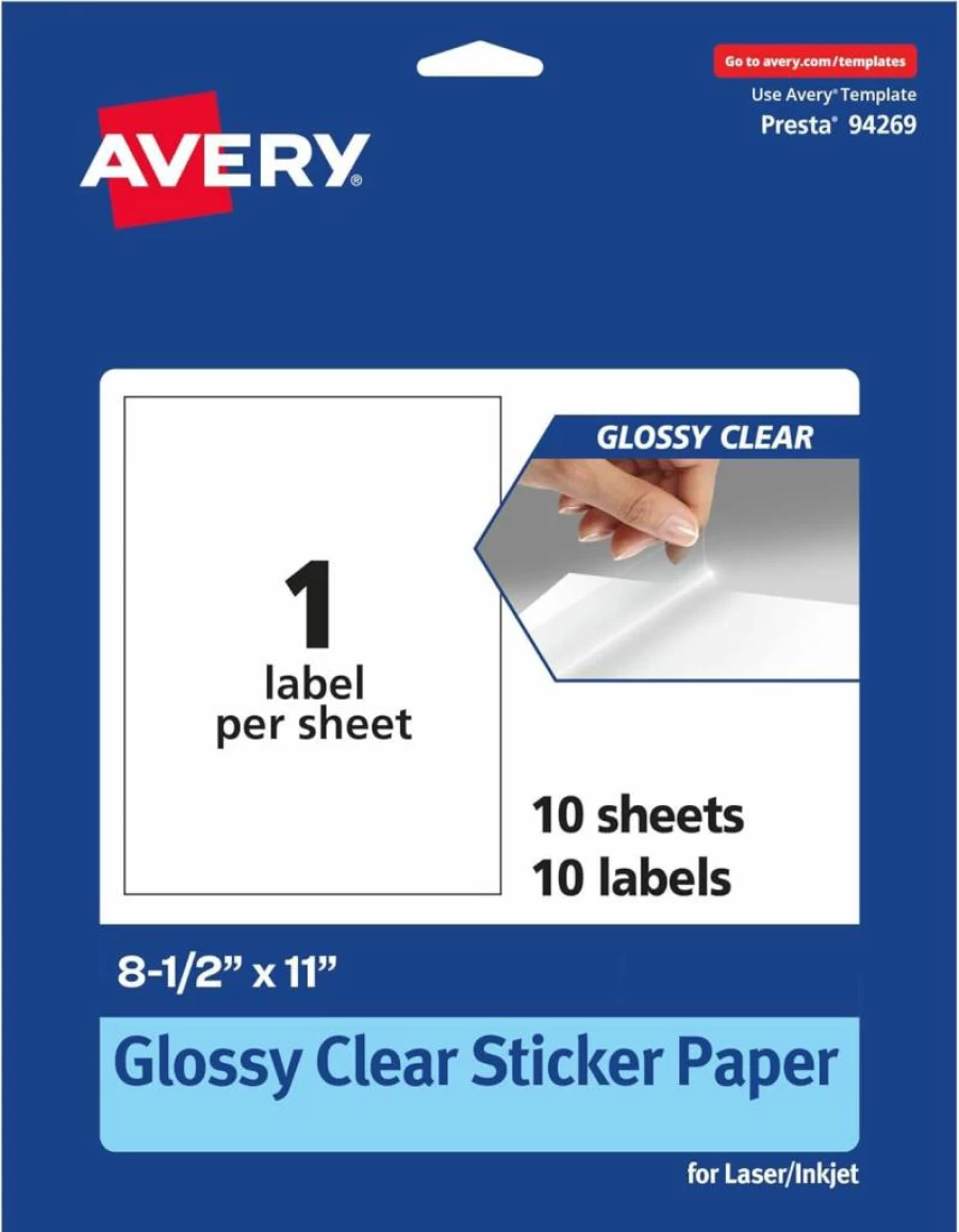 Avery Glossy Clear Sticker Paper 8.5" x 11" - 10 Sheets Printable Label Paper for Laser & Inkjet Printers - Waterproof Vinyl Stickers for Product Packaging, Wedding Invitations, Mailing Labels