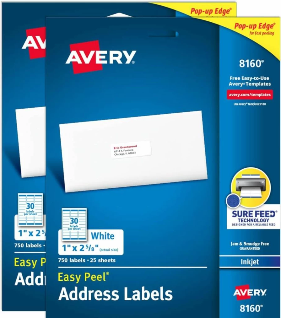 AVERY 08160 Easy Peel Printable Address Labels, 1" x 2-5/8" White Customizable Stickers, 2-Pack 1,500 Blank Mailing Labels for Shipping, Mailing & Organization, Sure Feed Technology