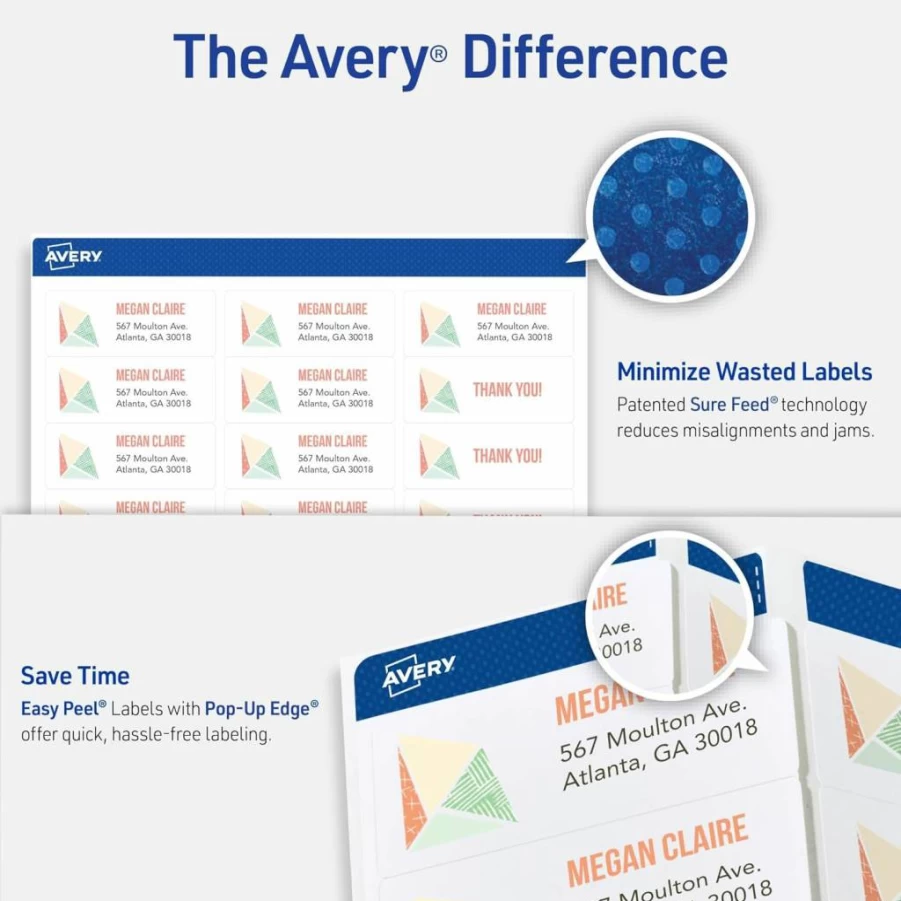 AVERY 08160 Easy Peel Printable Address Labels, 1" x 2-5/8" White Customizable Stickers, 2-Pack 1,500 Blank Mailing Labels for Shipping, Mailing & Organization, Sure Feed Technology