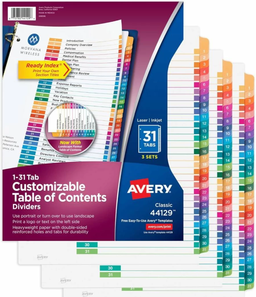 AVERY 11129 1-31 Multicolor Tab Dividers for 3-Ring Binders with Customizable Table of Contents, 1 Set