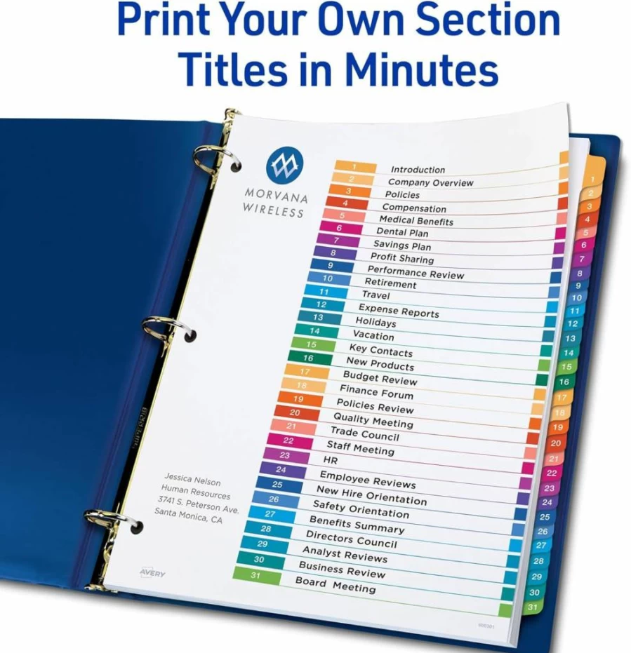 AVERY 11129 1-31 Multicolor Tab Dividers for 3-Ring Binders with Customizable Table of Contents, 1 Set
