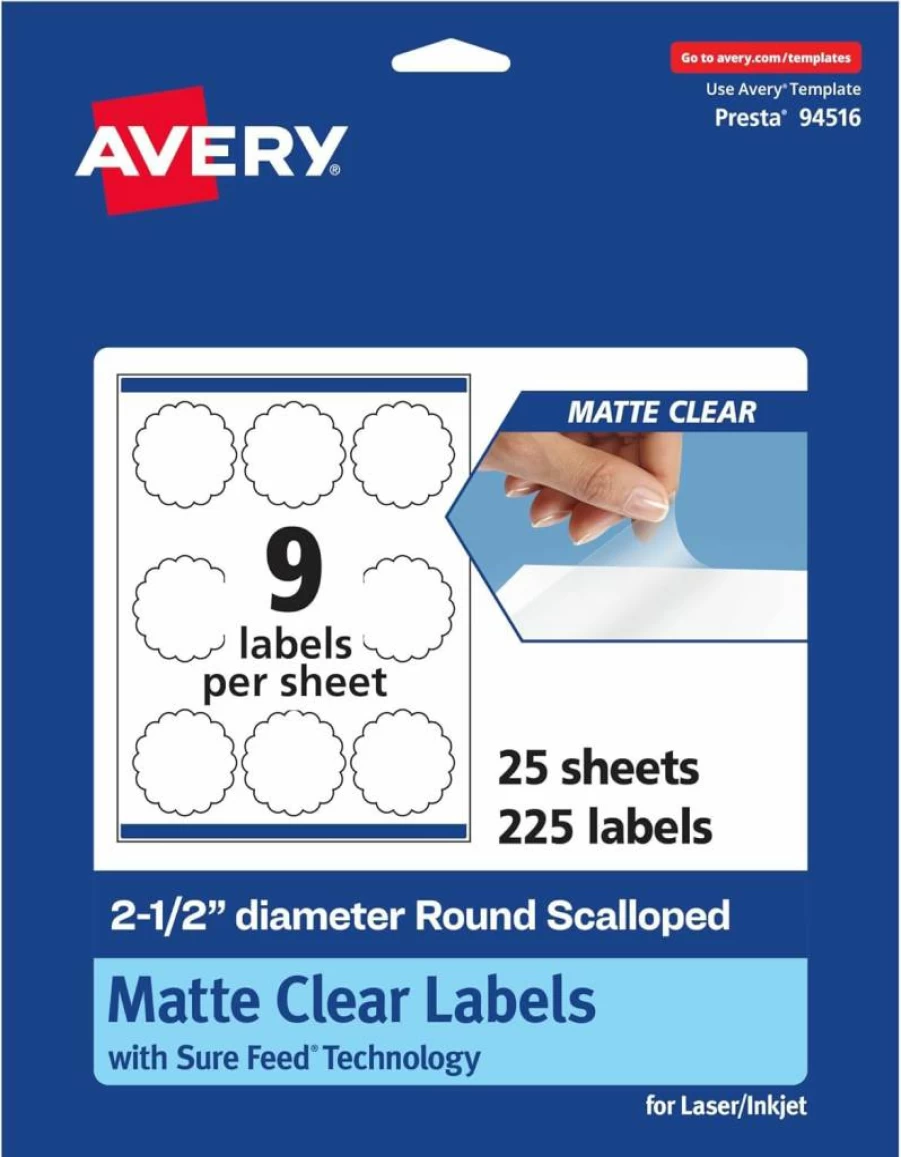 Avery Matte Clear Round Scalloped Labels, 2.5" Diameter, 90-Pack, Print-To-The-Edge for Laser/Inkjet Printers, Sure Feed Technology