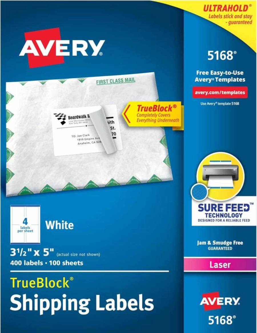 AVERY 5168 Permanent Adhesive Shipping Labels, 3.5" x 5", TrueBlock Technology, 5-Pack (2,000 Labels Total), Laser Printer Compatible