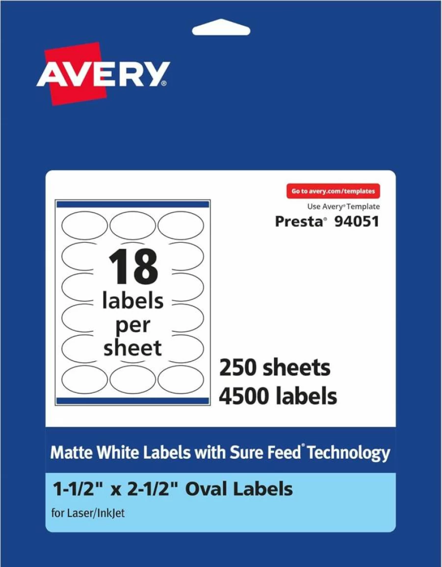 Avery Matte White Oval Labels 1.5" x 2.5" - 450 Pack, Sure Feed Printable Labels for Laser/Inkjet Printers