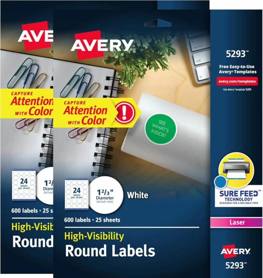 AVERY 5293 High Visibility Round Labels, 1-2/3" White Laser Printable Blank Labels, Sure Feed Technology, Customizable, 600 Adhesive Stickers