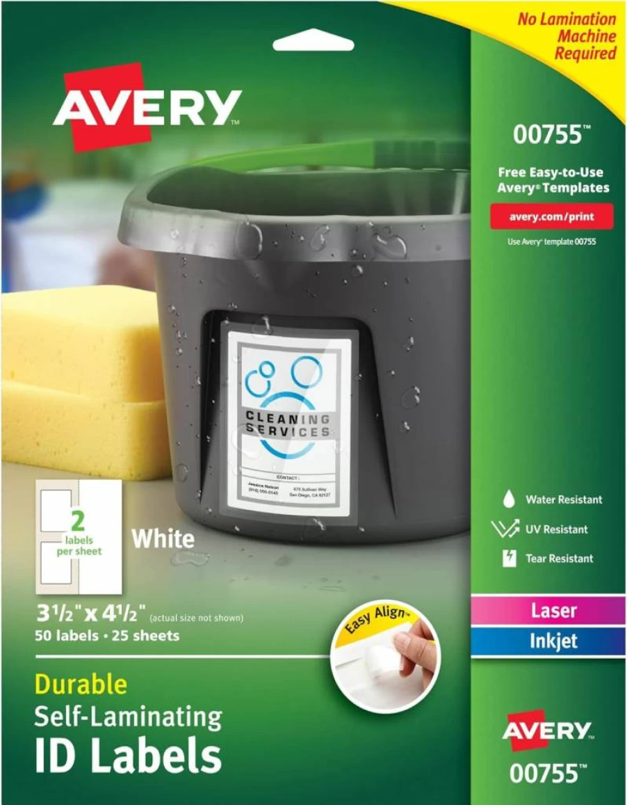 AVERY 00752 Self-Laminating ID Labels, 3.3" x 2.3", Waterproof Professional Name Badges, 20-Pack for Durable Identification