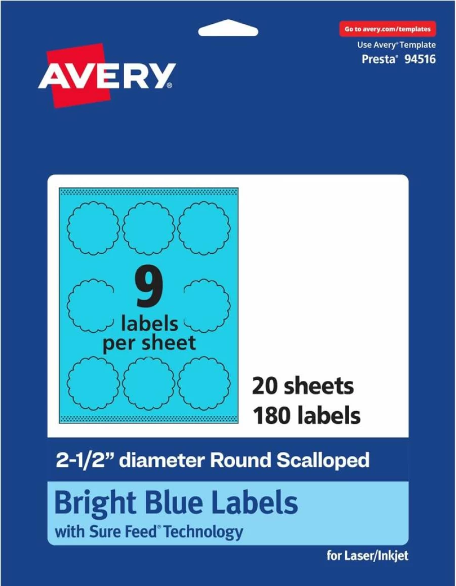 AVERY Bright Blue Printable Round Scalloped Labels, 2-1/2" Diameter, Sure Feed Technology, Laser/Inkjet Compatible, Print-To-The-Edge Design, 90-Pack for Mailing Seals, Candles, and DIY Projects