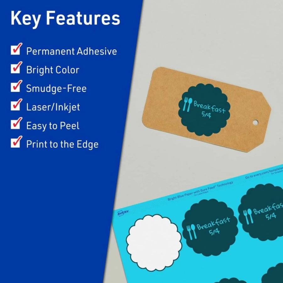 AVERY Bright Blue Printable Round Scalloped Labels, 2-1/2" Diameter, Sure Feed Technology, Laser/Inkjet Compatible, Print-To-The-Edge Design, 90-Pack for Mailing Seals, Candles, and DIY Projects