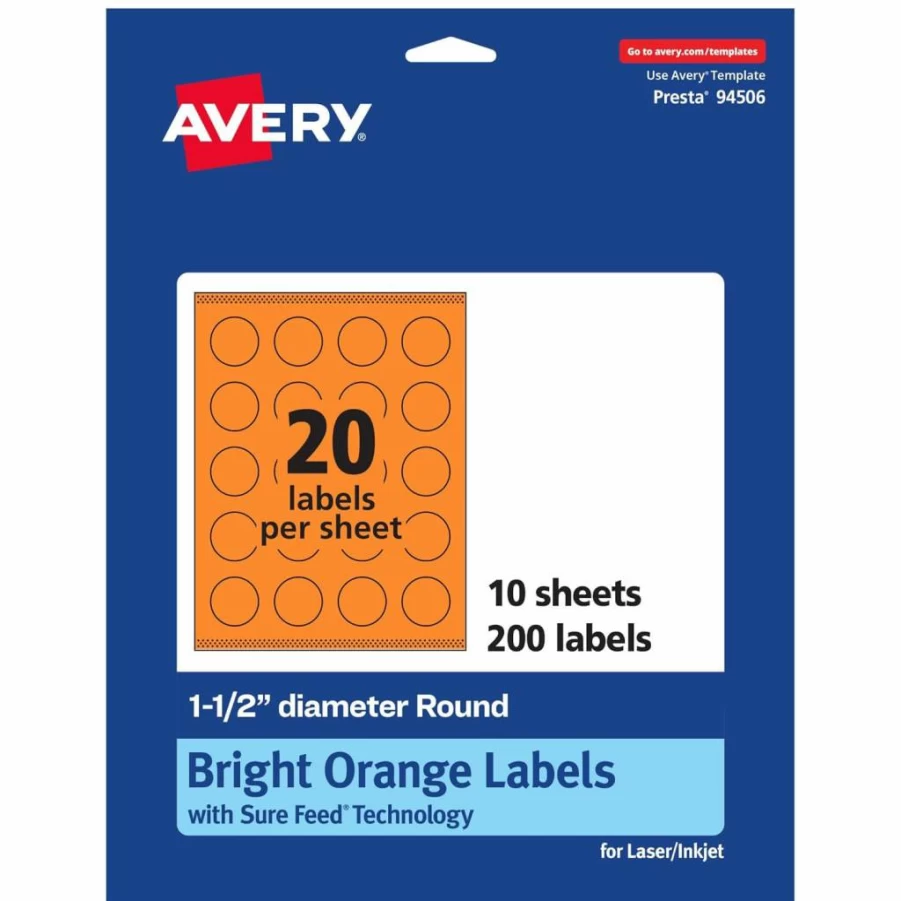 Avery Bright Orange Printable Round Labels, 1-1/2" Diameter, Sure Feed Technology, 200 Pack for Laser/Inkjet Printers, Edge-to-Edge Printing, Ideal for Stickers, Candles & DIY Crafts