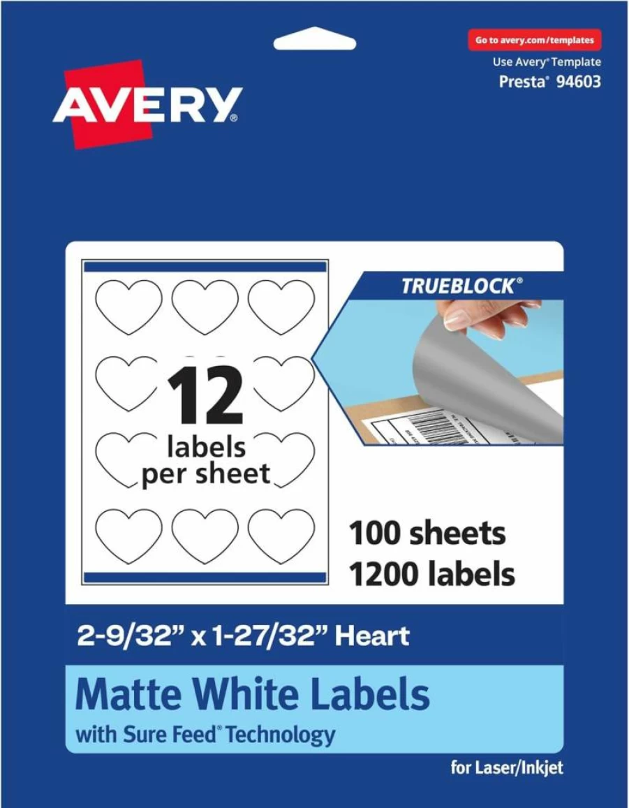 Avery Trueblock Matte White Heart Labels, 2-9/32" x 1-27/32", 120-Pack, Sure Feed Technology, Laser/Inkjet Printable, Print-To-The-Edge, Ideal for Packaging & Product Merchandising