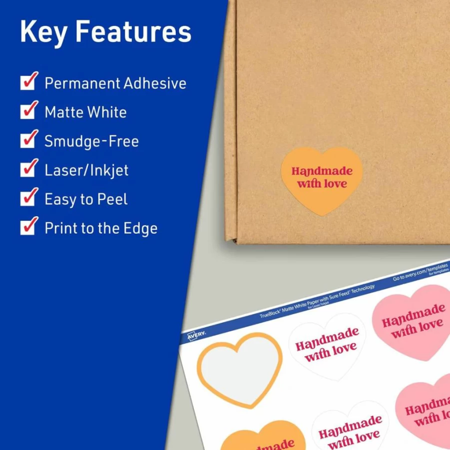 Avery Trueblock Matte White Heart Labels, 2-9/32" x 1-27/32", 120-Pack, Sure Feed Technology, Laser/Inkjet Printable, Print-To-The-Edge, Ideal for Packaging & Product Merchandising