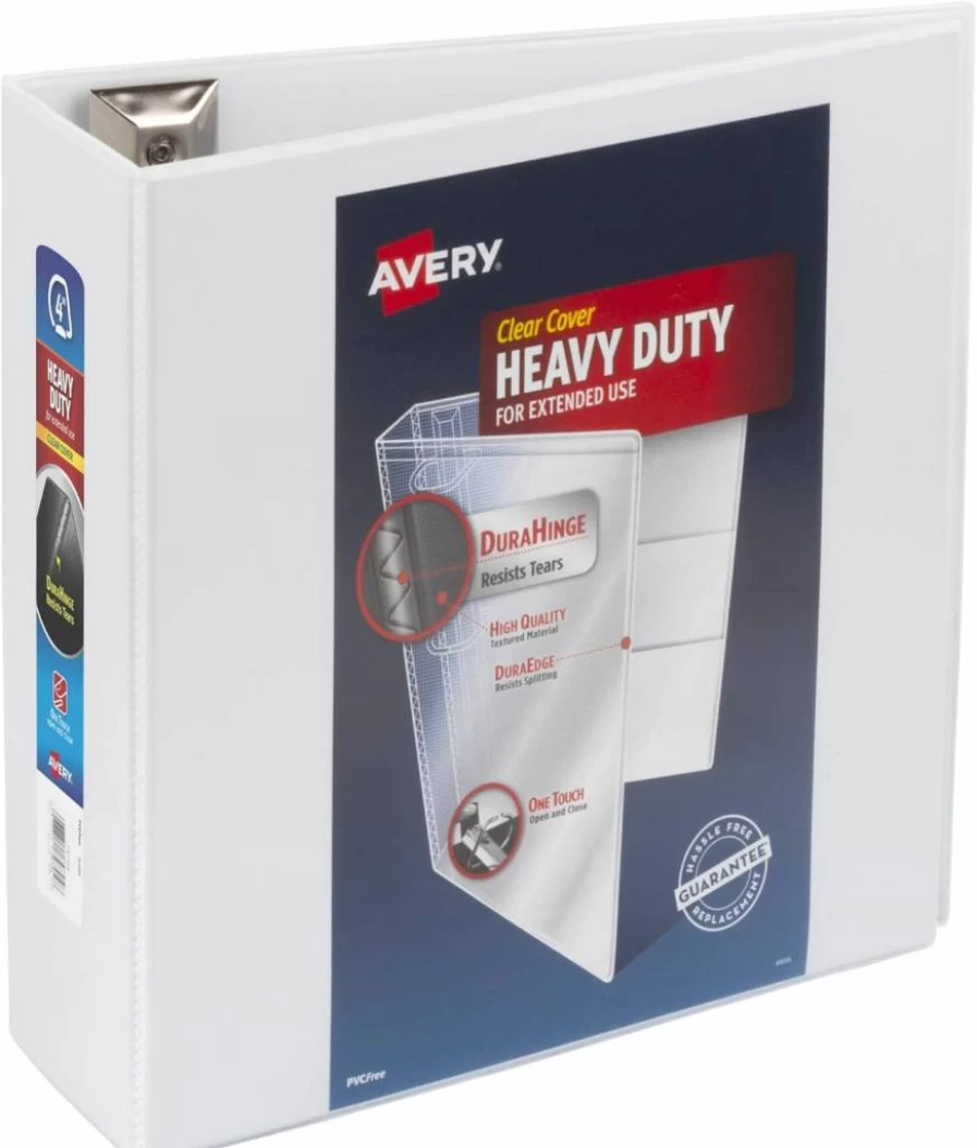 Avery 79704 Heavy Duty 3-Ring Binder, 4-Inch Slant Ring, White, Holds 8.5 x 11 Inches Paper, One-Touch Design