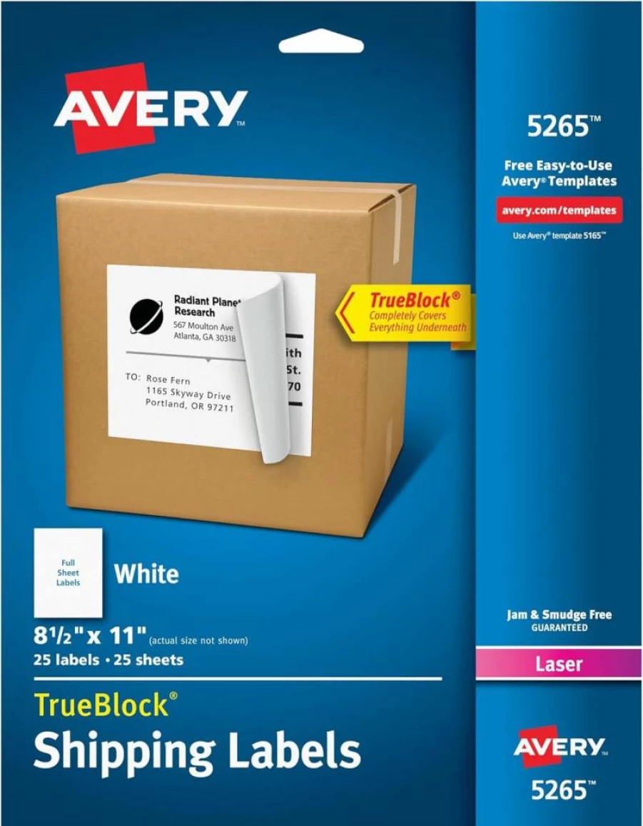 AVERY 5265 Full-Sheet Printable Shipping Labels, 8.5" x 11" White Customizable Stickers, 25 Blank Mailing Labels for Shipping, Organizing & More