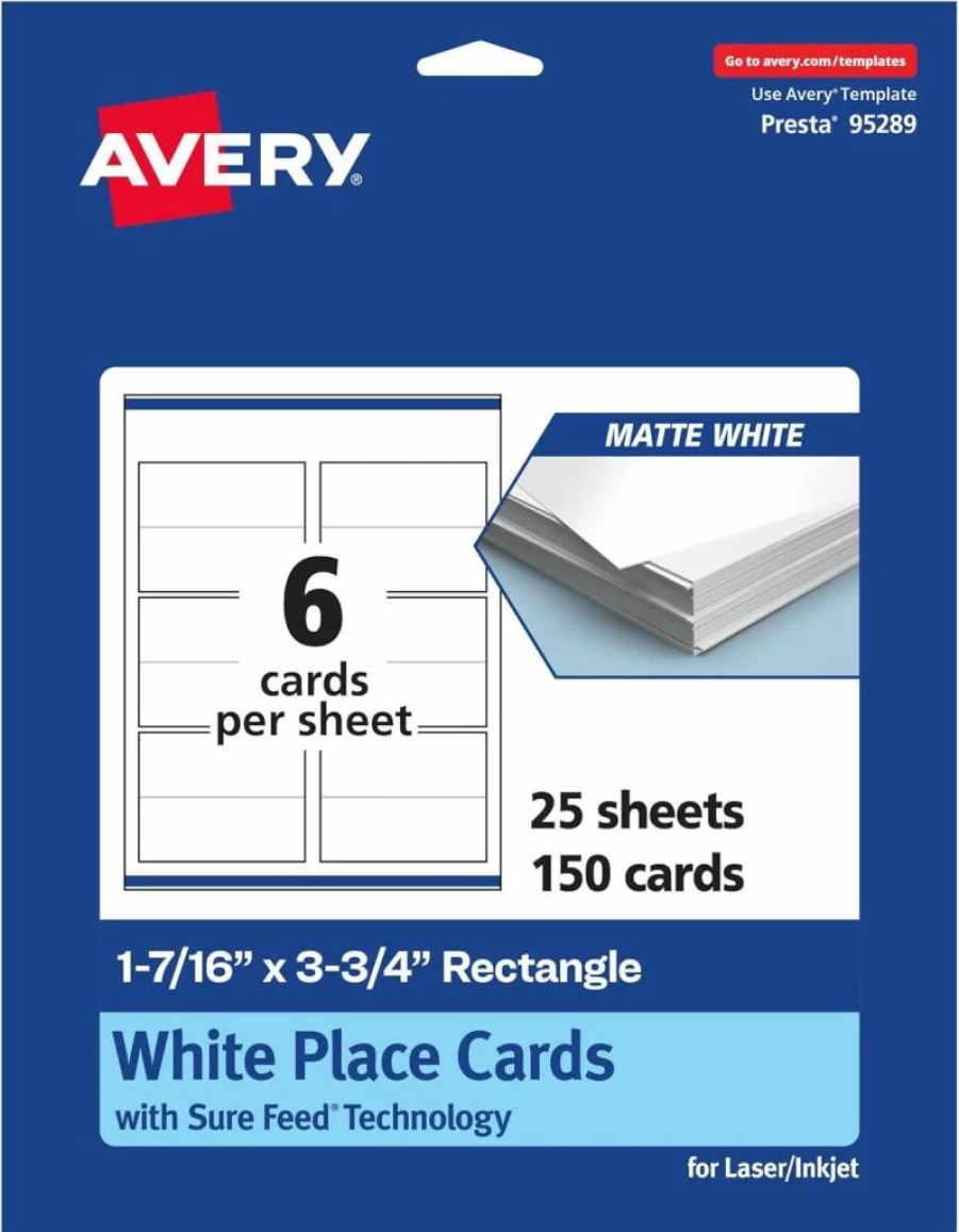 Avery Matte White Printable Place Cards with Sure Feed Technology, 1-7/16" x 3-3/4", 300 Pack for Laser/Inkjet Printing, Perfect for Seating and Table Settings
