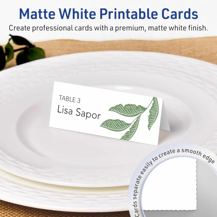 Avery Matte White Printable Place Cards with Sure Feed Technology, 1-7/16" x 3-3/4", 300 Pack for Laser/Inkjet Printing, Perfect for Seating and Table Settings