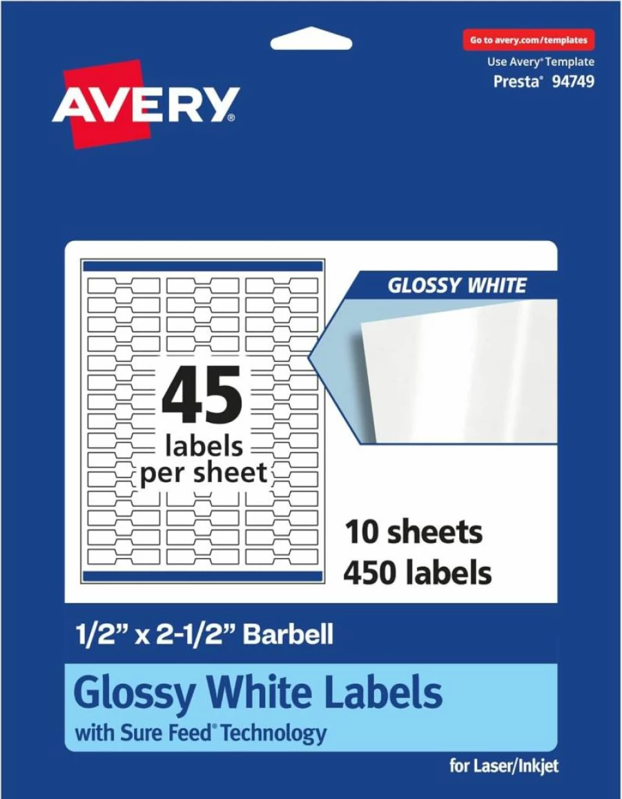 Avery Glossy White Barbell Labels 0.5" x 2.5" - 450 Pack, Permanent Adhesive, Laser/Inkjet Printable, Sure Feed Technology for Smooth Printing