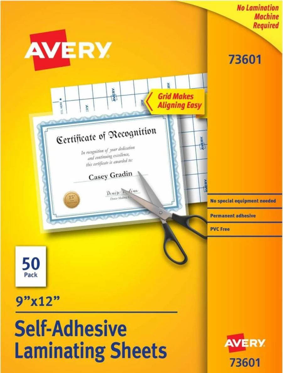 AVERY 73601 Self-Adhesive Laminating Sheets, 9" x 12", 50-Pack, Permanent Clear for Documents, Photos, Signs, and More