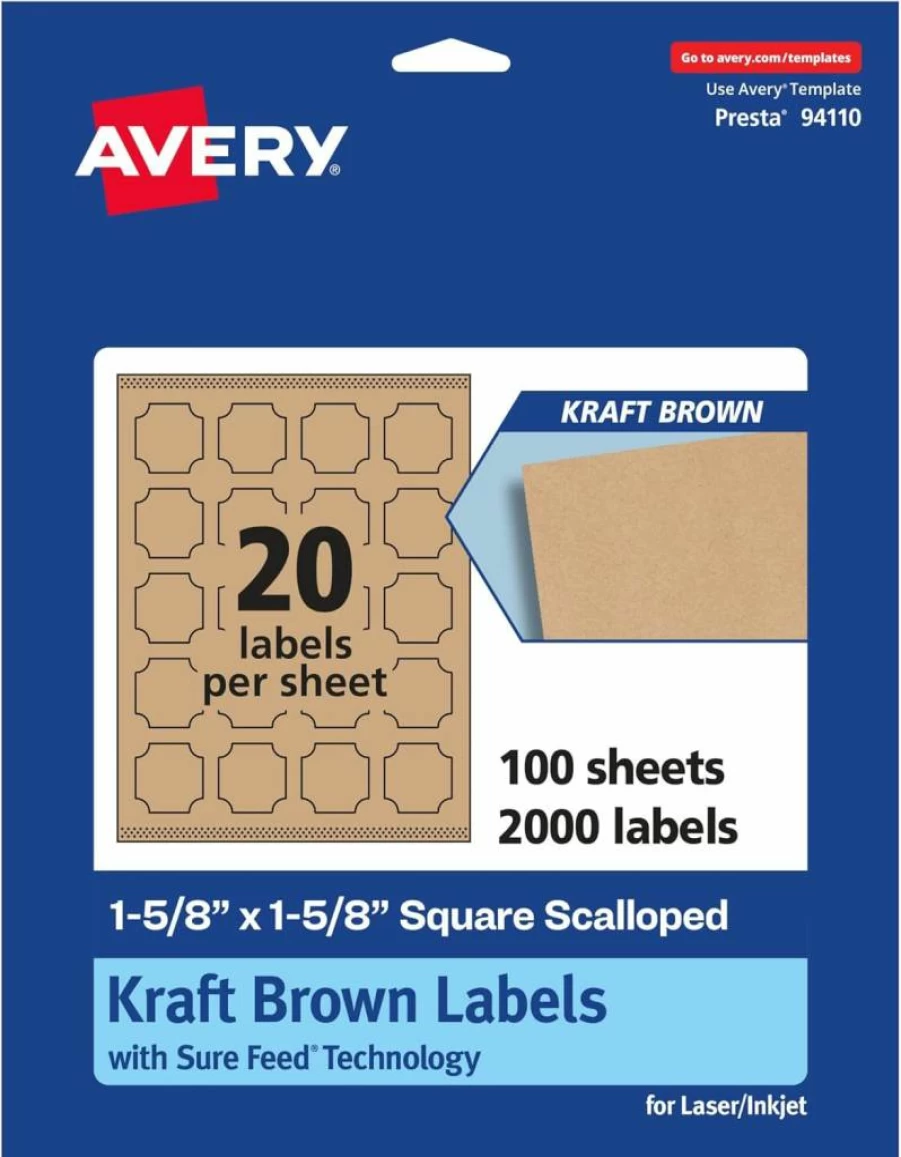 AVERY Kraft Brown Scalloped Edge Labels, 1-5/8" x 1-5/8", 500-Pack, Sure Feed Technology, Laser/Inkjet Printable, Print-To-The-Edge Design
