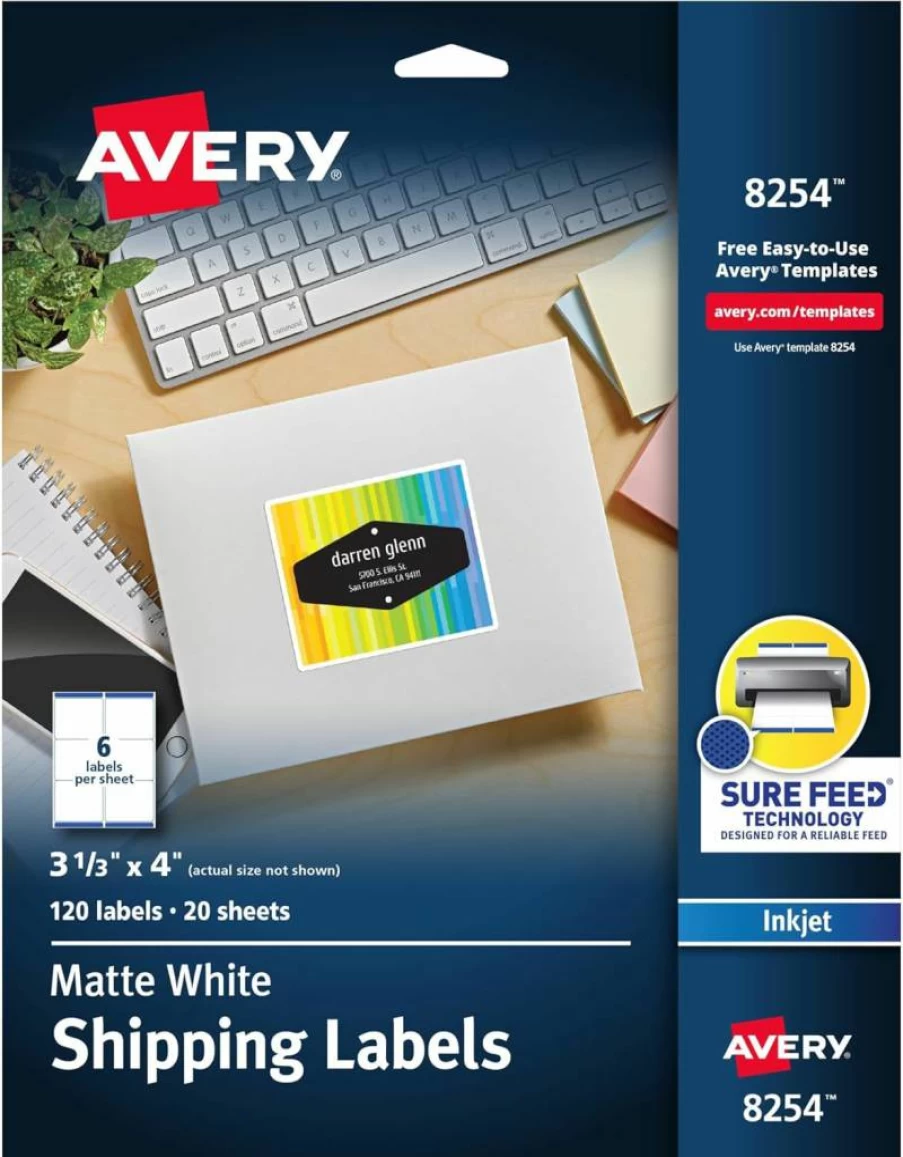AVERY 8254 Matte White Shipping Labels, 3.33" x 4", 120-Pack, Permanent Adhesive, Sure Feed Technology for Laser/Inkjet Printers