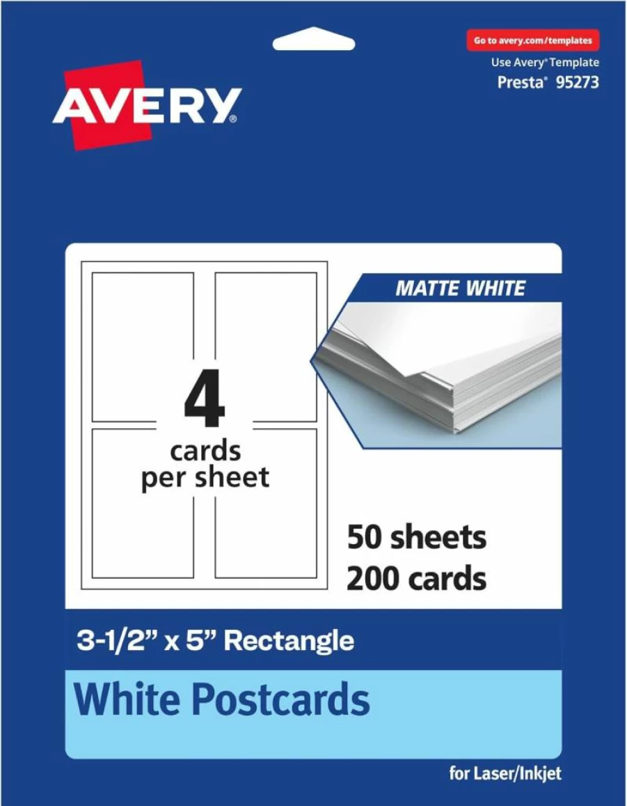 AVERY Matte White Printable Cards 3.5" x 5" – 200 Pack, Edge-to-Edge Printing, Compatible with Laser & Inkjet Printers