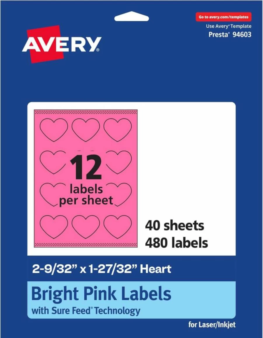 AVERY Bright Pink Printable Heart Labels, 2-9/32" X 1-27/32", Sure Feed Technology, 120 Pack for Mailing Seals & Packaging, Laser/Inkjet Compatible, Print-To-The-Edge Design