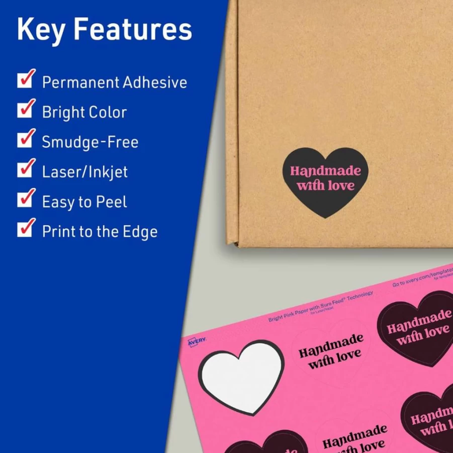 AVERY Bright Pink Printable Heart Labels, 2-9/32" X 1-27/32", Sure Feed Technology, 120 Pack for Mailing Seals & Packaging, Laser/Inkjet Compatible, Print-To-The-Edge Design