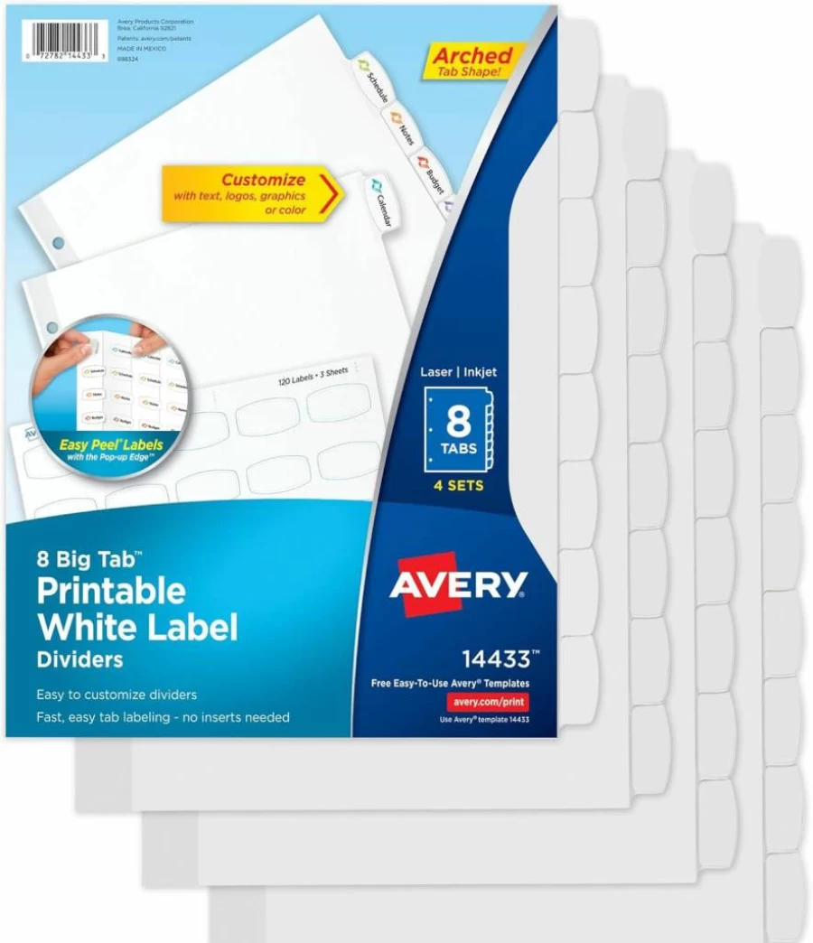 AVERY 14433 Big Tab Printable White Label Dividers, 8 Tabs per Set, 4 Sets, Easy Peel for Organizing Files and Documents