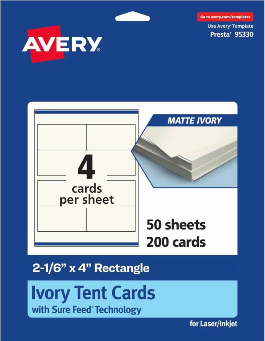 AVERY Printable Tent Cards, 2-1/6" x 4", Matte Ivory Cardstock, 200-Pack, Sure Feed Technology for Laser/Inkjet Printers, Edge-to-Edge Printing, Ideal for Table Talkers and Promotional Signs