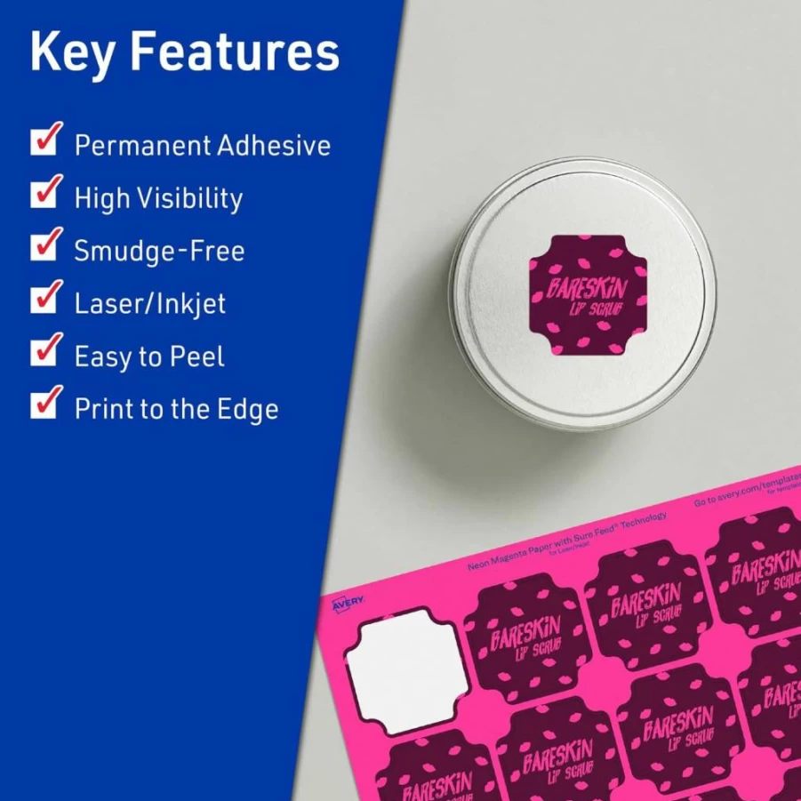 Avery Neon Magenta Printable Scalloped Labels 1-5/8" x 1-5/8" - 200 Pack, Sure Feed Technology, Laser/Inkjet Compatible, Print-To-The-Edge for Cosmetics & Jars