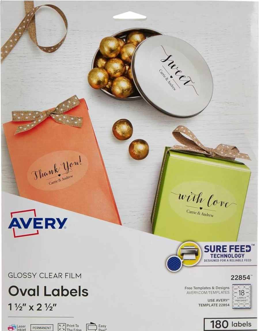 AVERY 22814 Glossy White Printable Oval Labels, 1.5" x 2.5", 90 Customizable Blank Stickers for DIY & Organization