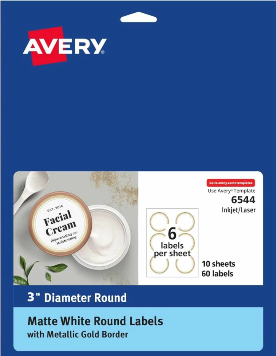 Avery 6544 Matte White 3" Round Labels with Metallic Gold Borders, 60-Pack, Laser/Inkjet Printable