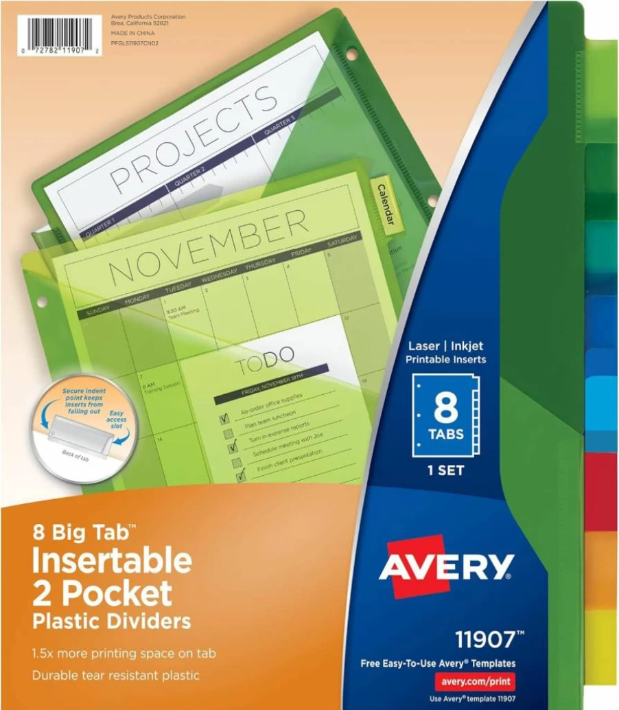 Avery 8-Tab Multicolor Plastic Binder Dividers with Two Pockets for 3-Ring Binders, 1 Set (11907)