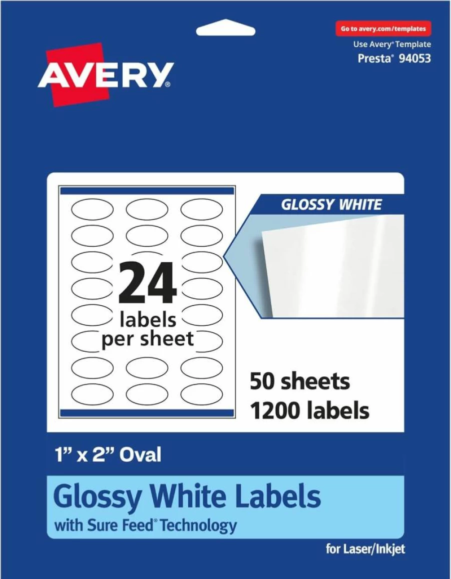 Avery Glossy White Oval Labels 1" x 2" - 240 Pack, Sure Feed for Laser/Inkjet Printers, Permanent Adhesive, Print-to-Edge Design, High-Quality Gloss Finish