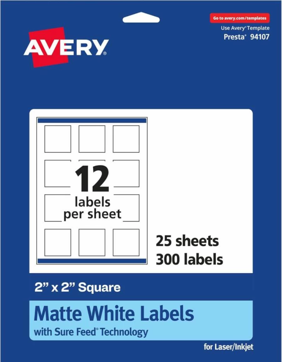 Avery 2" x 2" Matte White Square Labels with Sure Feed Technology, 300-Pack, Printable for Inkjet/Laser Printers