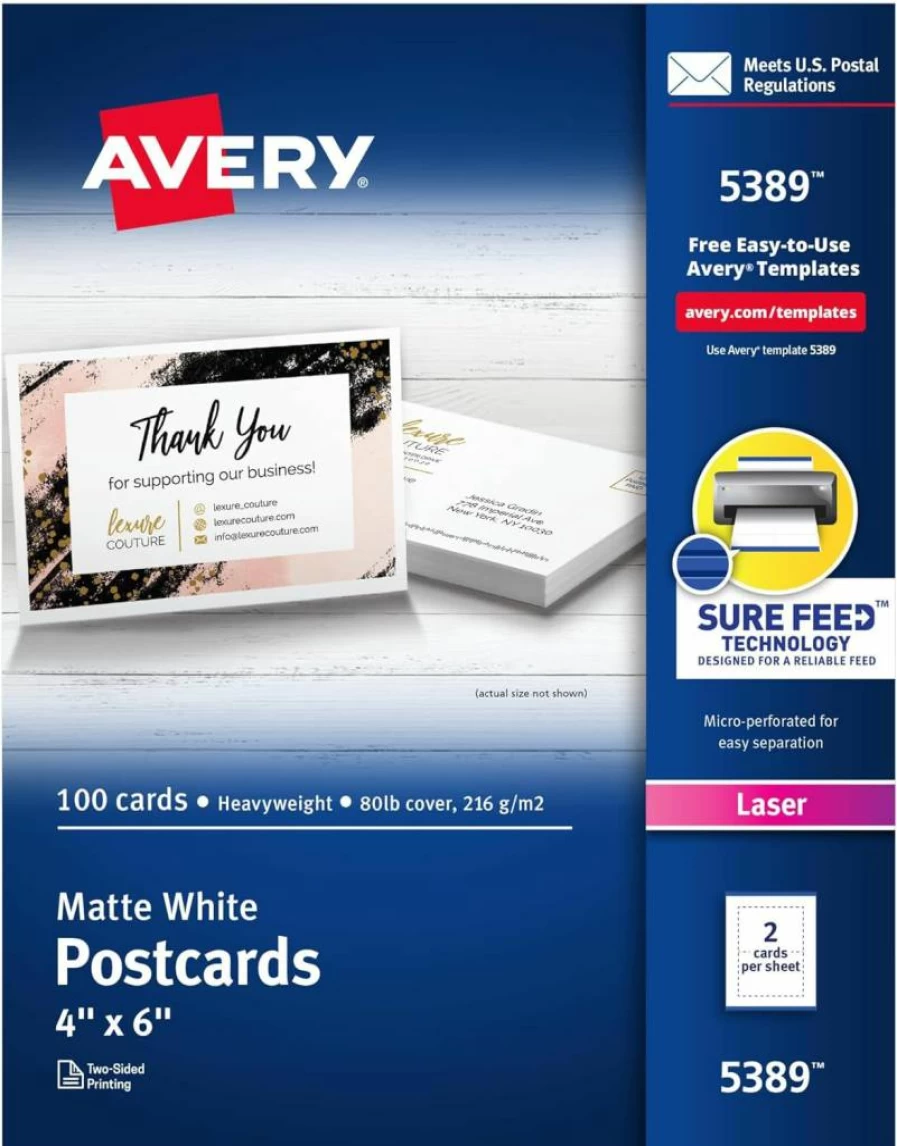 Avery 5389 Printable Postcards 4" x 6" White 100 Sheets Blank Laser Printer Paper with Sure Feed Technology