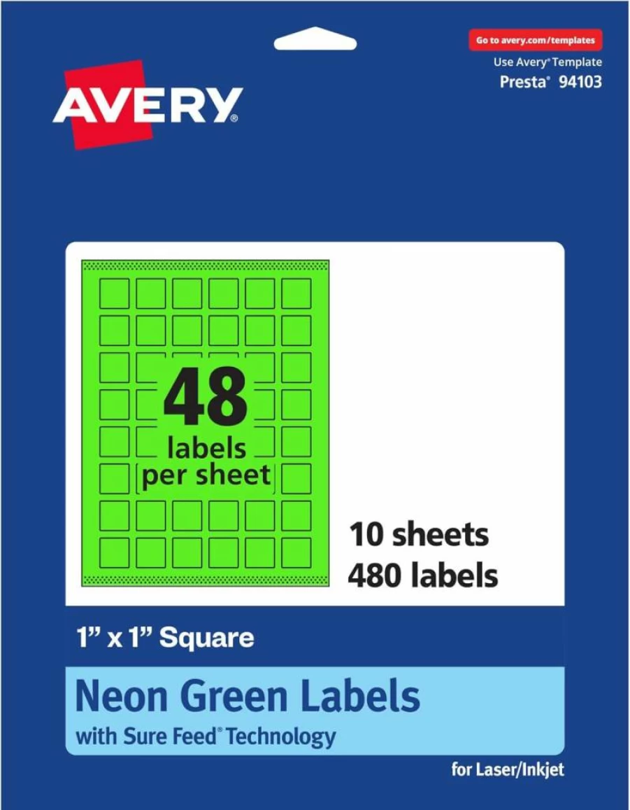 Avery Neon Green Printable Square Labels 1" x 1" - 480 Pack, Sure Feed Technology, Print-To-The-Edge for Laser/Inkjet, Ideal for Soaps, QR Codes & Organizing