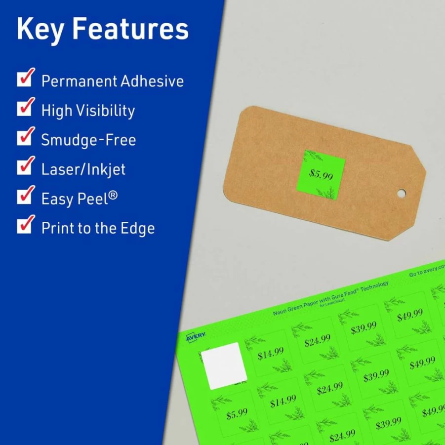 Avery Neon Green Printable Square Labels 1" x 1" - 480 Pack, Sure Feed Technology, Print-To-The-Edge for Laser/Inkjet, Ideal for Soaps, QR Codes & Organizing